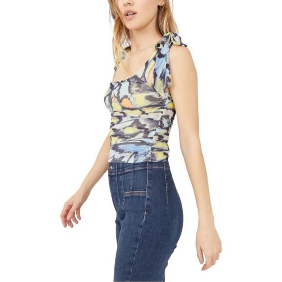 Free People Tie Shoulder Ruched Tank Top Abstract Print Multicolor L NWT - Picture 2 of 9
